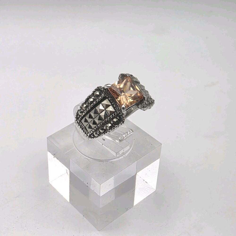 Marsala Sterling Silver 925 Marcasite & Champagne CZ Ring - Size 5.75